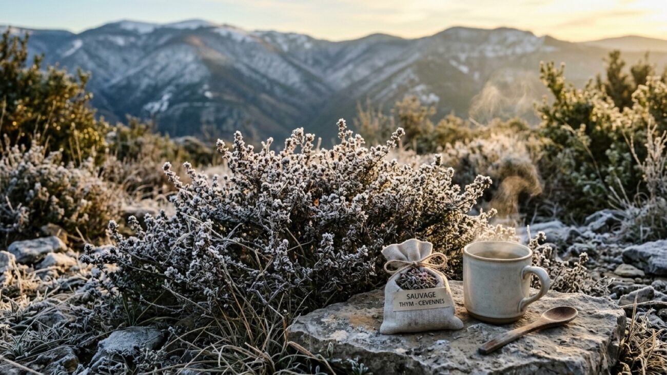 Thym sauvage givré dans la garrigue cévenole en hiver, tasse de tisane fumante