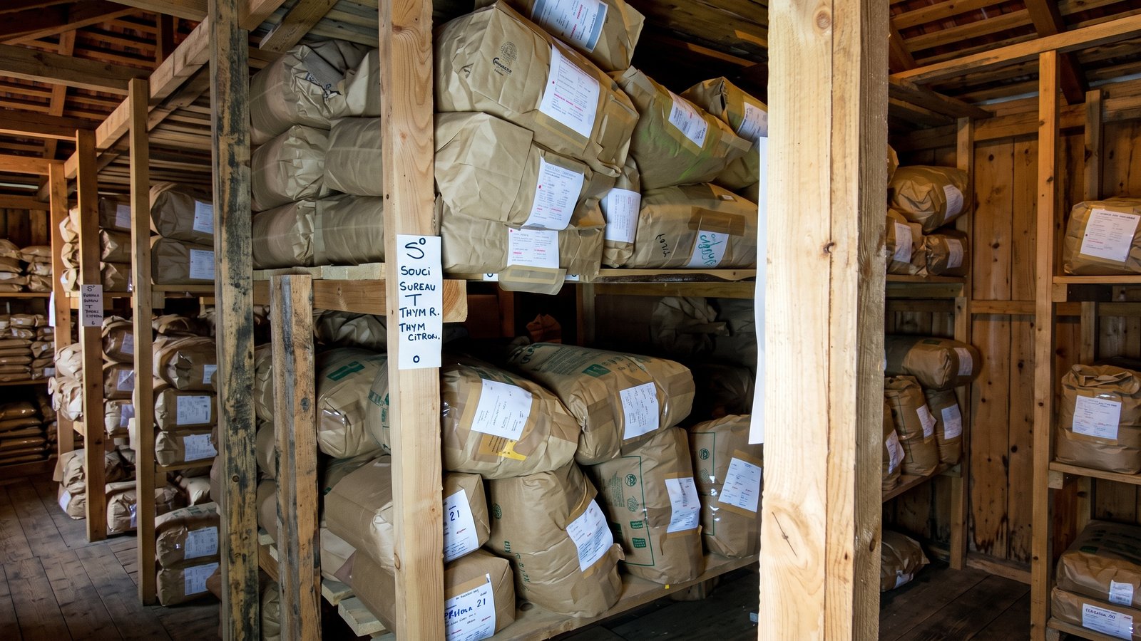 Stock de plantes en vrac dans l’atelier en bois