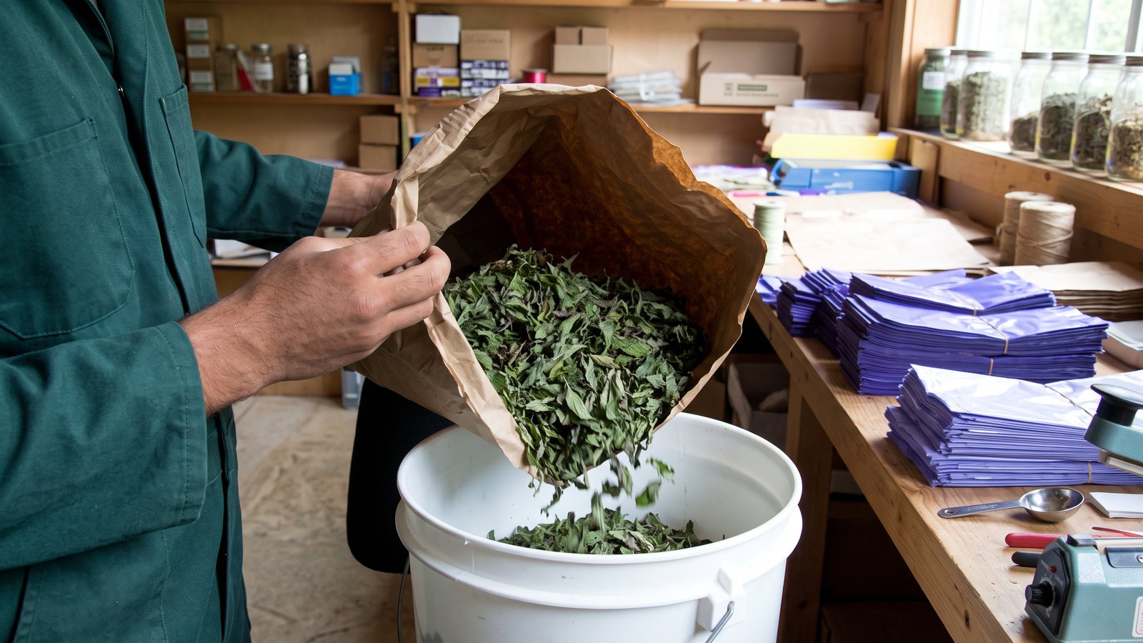 Versement de la menthe séchée au poste d’ensachage
