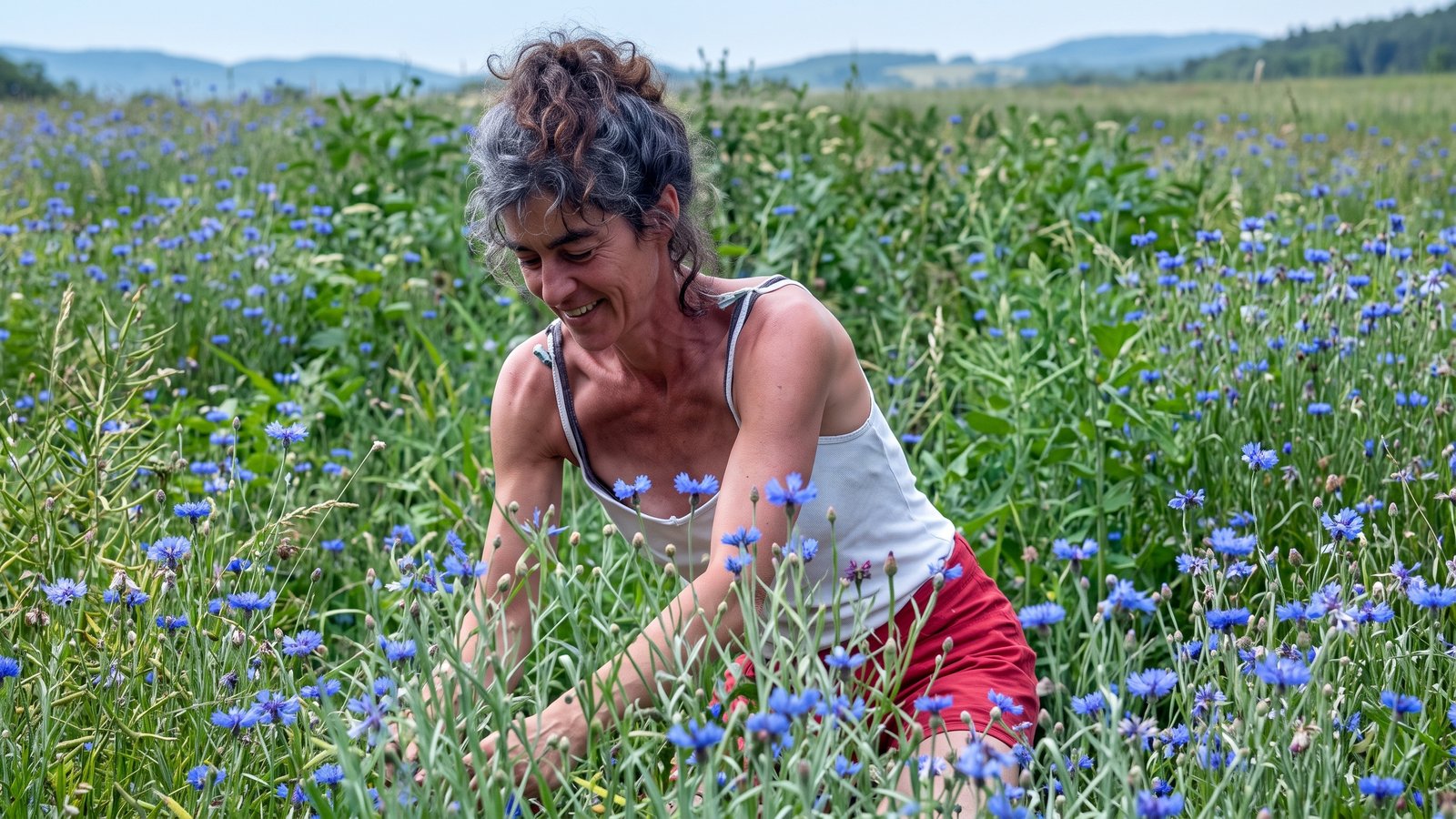 Bernadette Bonnefoy dans ses cultures de plantes