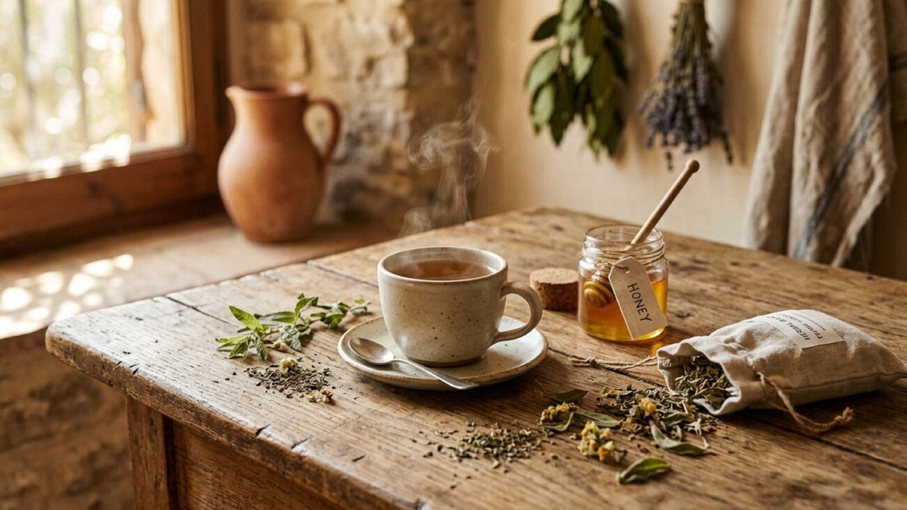 Tasse de tisane fumante et plantes sèches sur une table en bois, lumière dorée