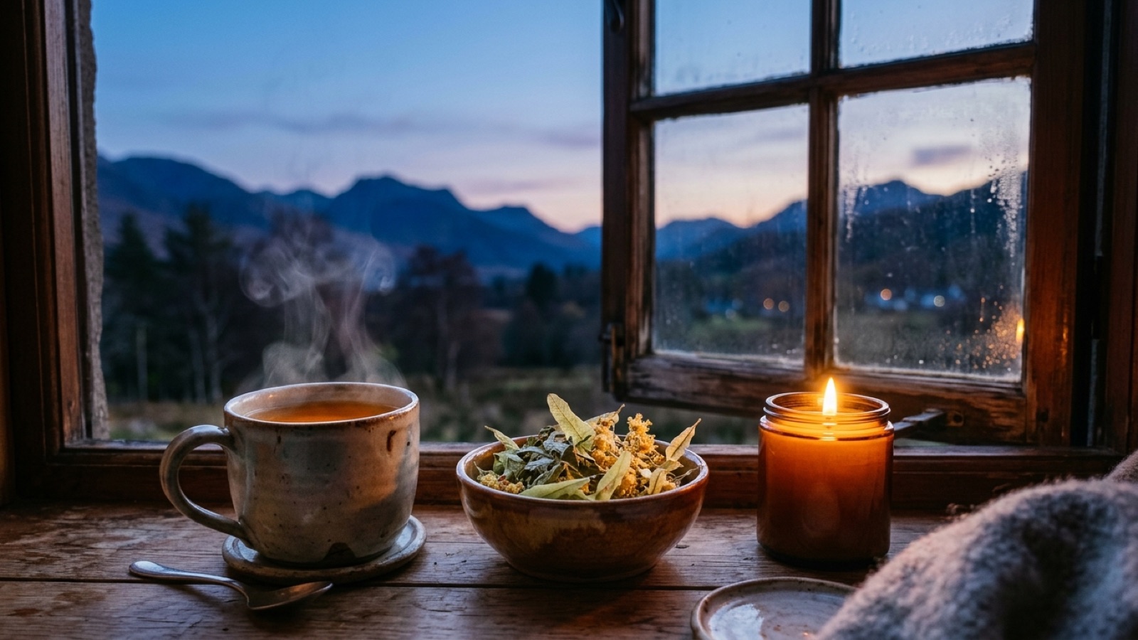 Tasse de tisane du soir près d'une fenêtre au crépuscule, verveine et tilleul séchés