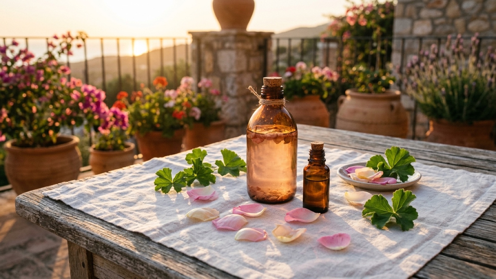 Flacon d'eau florale de rose et huile de soin posés sur un drap de lin au soleil couchant