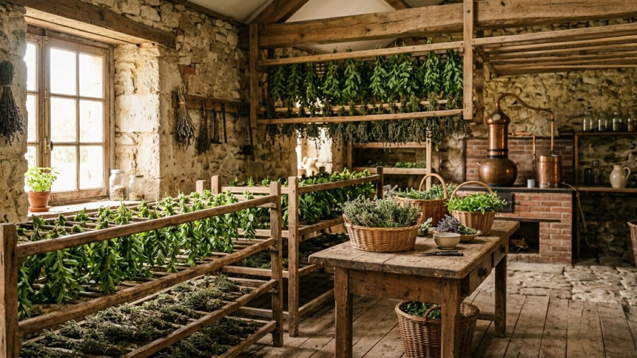 Claies de séchage couvertes de plantes aromatiques dans un atelier artisanal lumineux