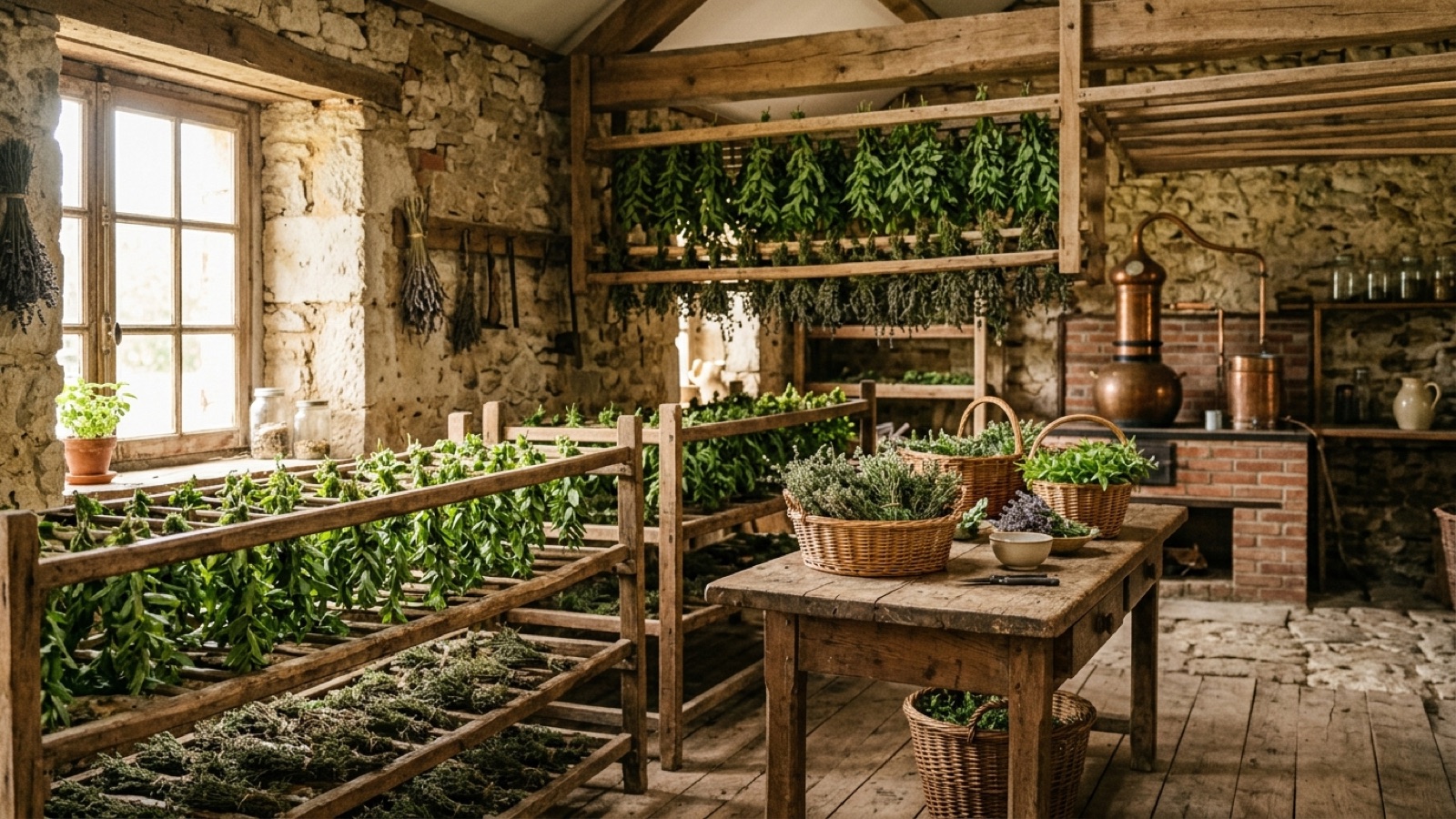 Claies de séchage couvertes de plantes aromatiques dans un atelier artisanal lumineux