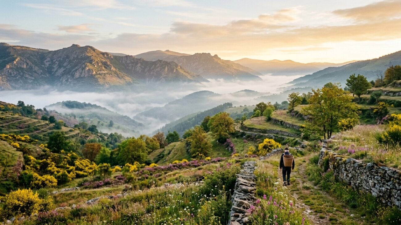 Paysage des Cévennes avec cueilleur portant un panier au lever du soleil