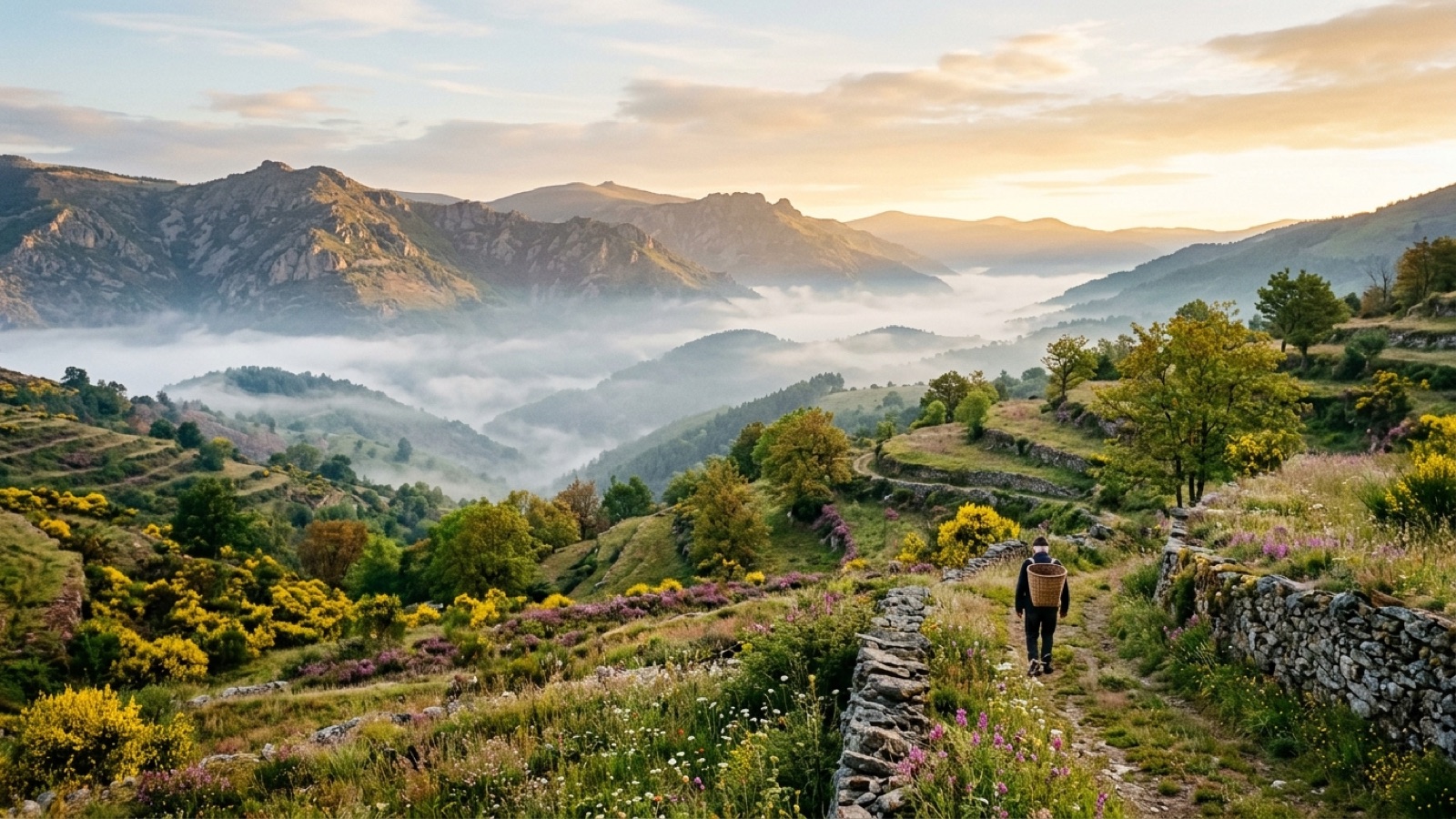 Paysage des Cévennes avec cueilleur portant un panier au lever du soleil